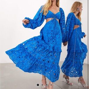 ASOS Edition blouson sleeve eyelet maxi dress with cutout Blue Azure small 6